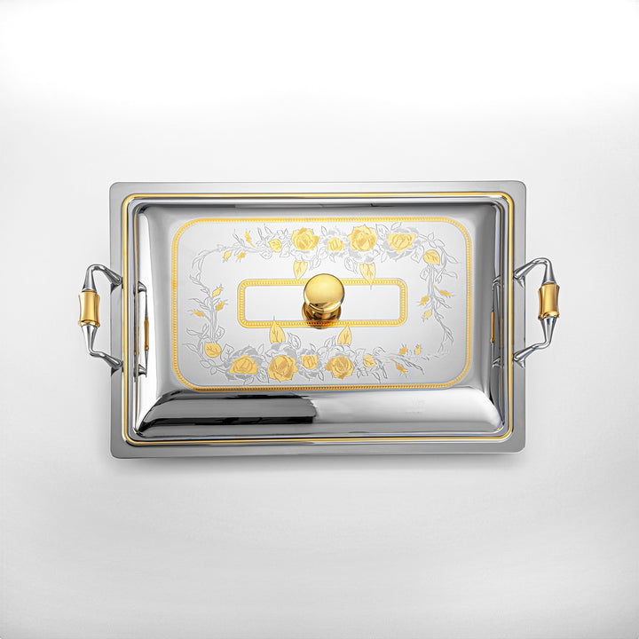 Almarjan 45 CM Lea Collection Stainless Steel Rectangle Serving Tray With Cover Silver & Gold - STS2051261