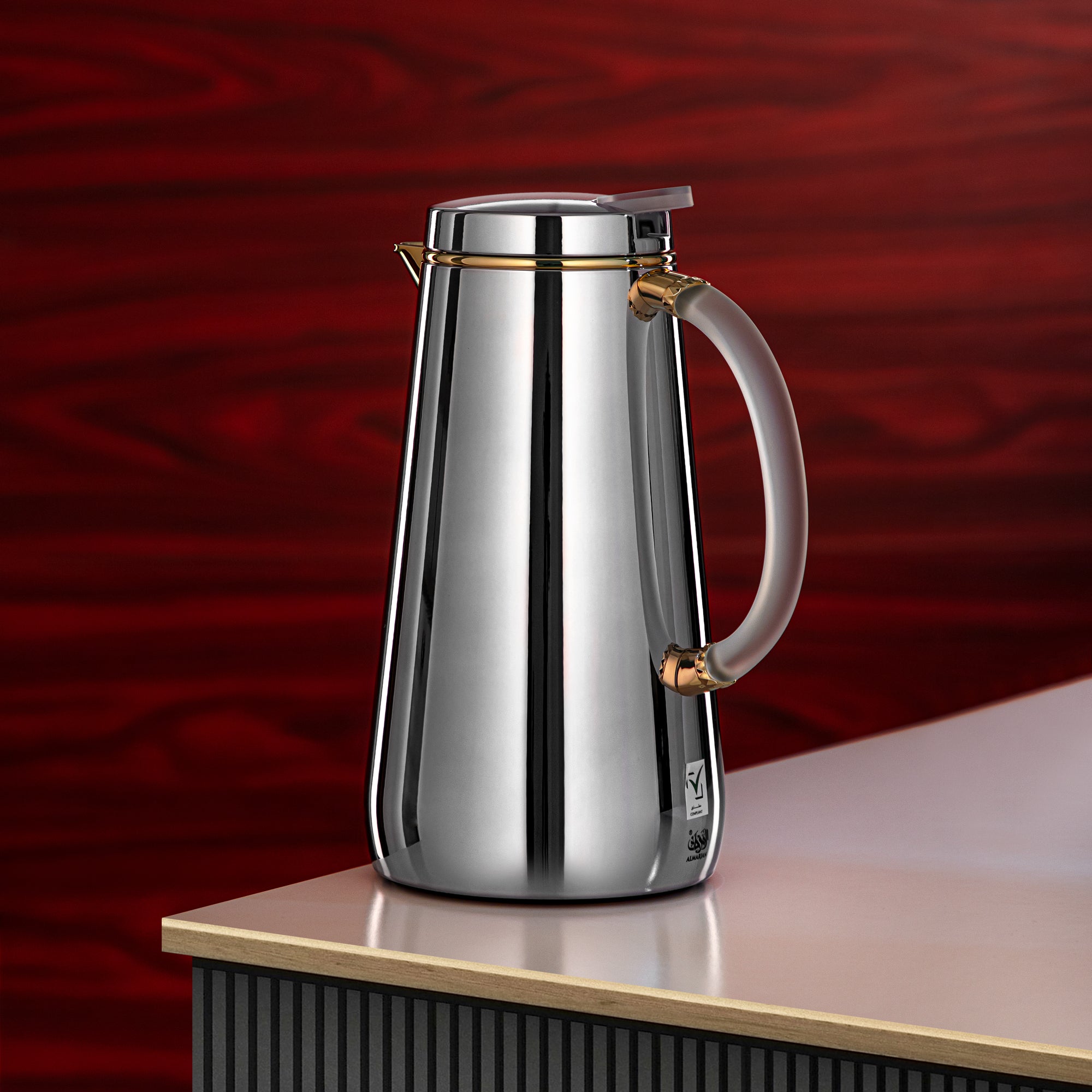 Almarjan Vacuum Flask Metal 1 Liter Silver with Golden Spout & Frost Handle (VOP-1000 CC95Y15) – Elegant Serving | Ramadan & Gatherings